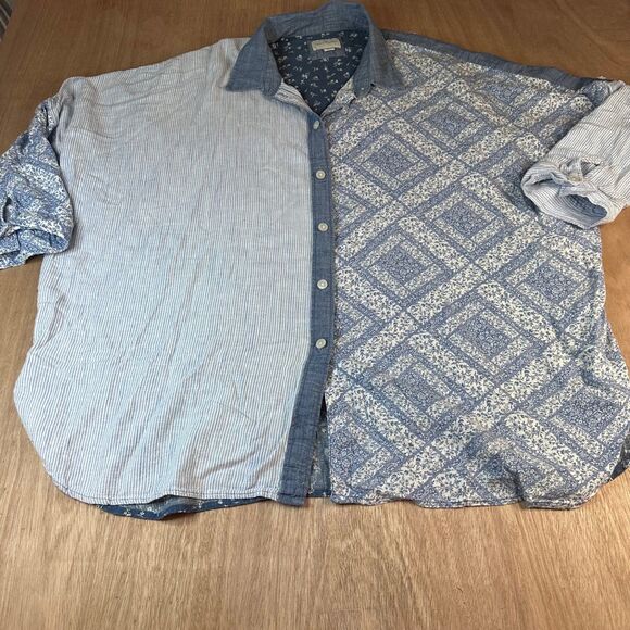 American Eagle Patchwork Chambray Shirt L Blue Mixed Print Boho Soft Cotton - Picture 1 of 3